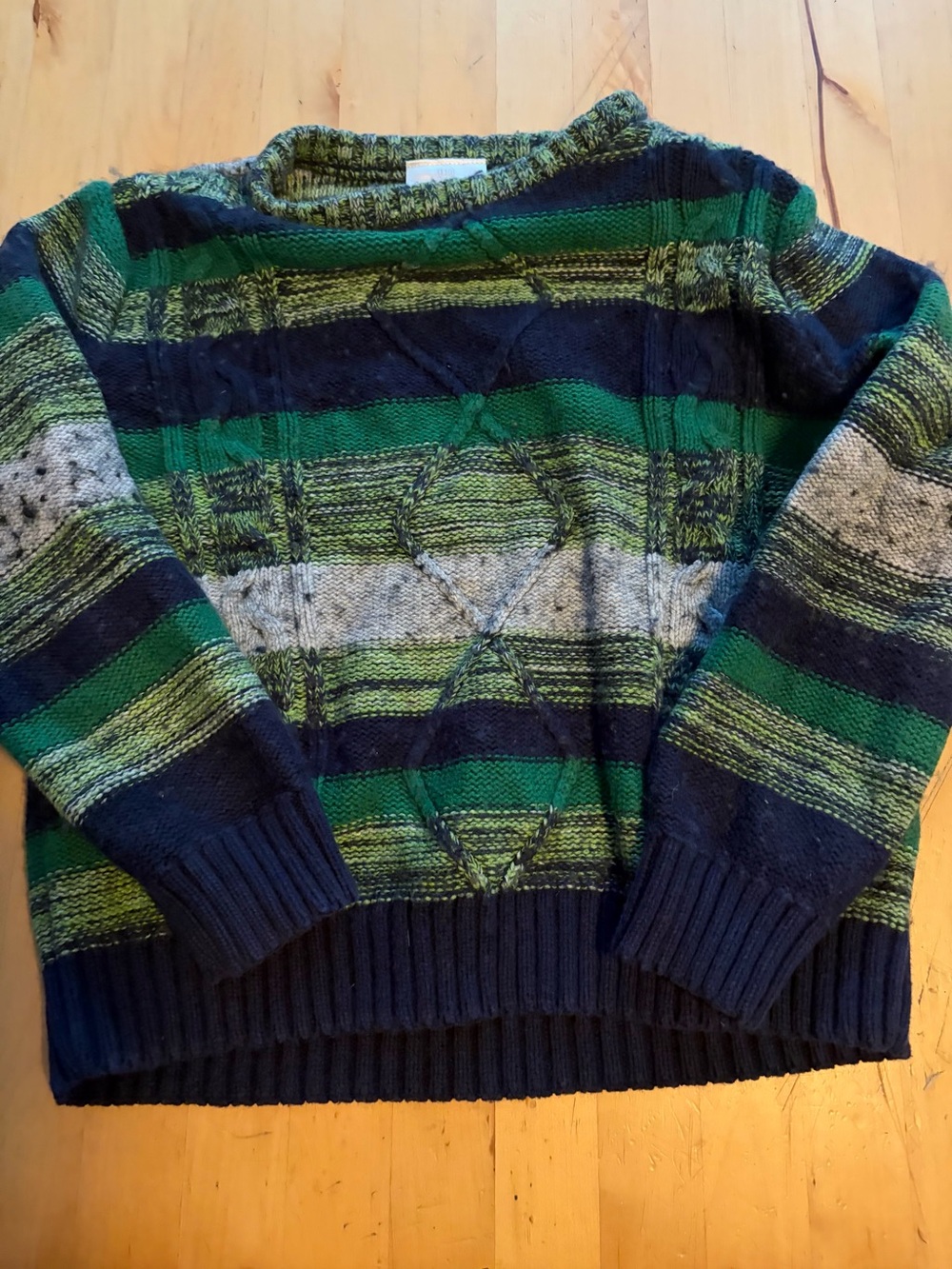 Boys Green & Navy Cable Knit Crewneck Sweater
